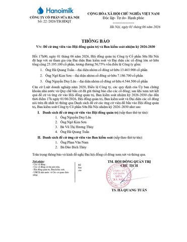 THÔNG BÁO ĐỀ CỬ ỨNG VIÊN VÀO kèo nhà cái hom nay ĐỒNG QUẢN TRỊ VÀ BAN KIỂM SOÁT NHIỆM KỲ 2026-2023