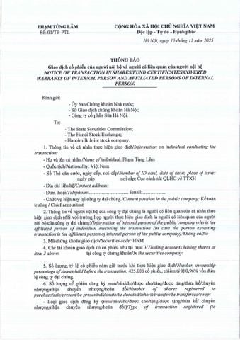 GIAO DỊCH CỔ PHIẾU CỦA NGƯỜI NỘI BỘI VÀ NGƯỜI CÓ LIÊN QUAN CỦA NGƯỜI NỘI BỘ