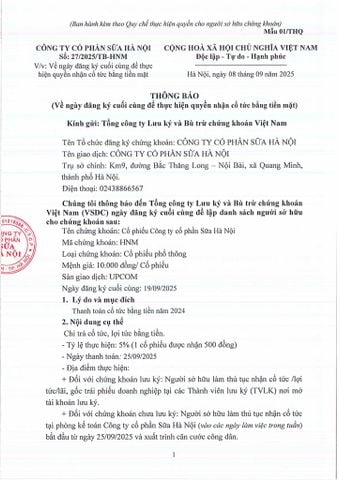 THÔNG BÁO SỐ: 27/2025/TB-HNM VỀ VIỆC ĐĂNG KÝ CUỐI CÙNG ĐỂ THỰC HIỆN QUYỀN NHẬN CỔ TỨC BẰNG TIỀN MẶT