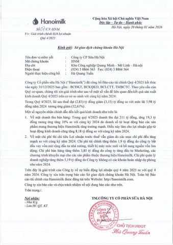 CÔNG VĂN: 07/CV-HNM GIẢI TRÌNH CHÊNH LỆCH LỢI NHUẬN QUÝ 4/2025