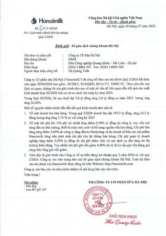 CÔNG VĂN SỐ: 67/CV-HNM GIẢI TRÌNH CHÊNH LỆCH LỢI NHUẬN QUÝ 2/2026