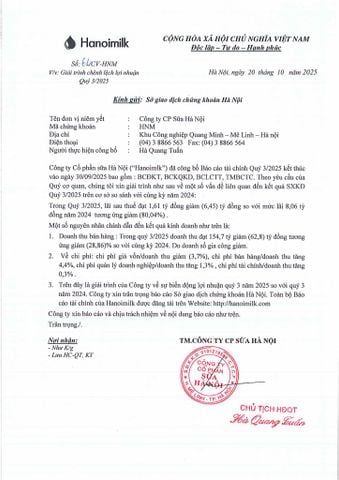 CV: SỐ 61/CV-HNM GIẢI TRÌNH CHÊNH LỆCH LỢI NHUẬN QUÝ 3/2025