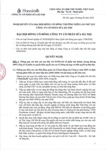 NGHỊ QUYẾT CỦA ĐẠI kèo nhà cái hom nay ĐỒNG CỔ ĐÔNG THƯỜNG NIÊN LẦN THỨ XXV CÔNG TY CỔ PHẦN SỮA HÀ NỘI