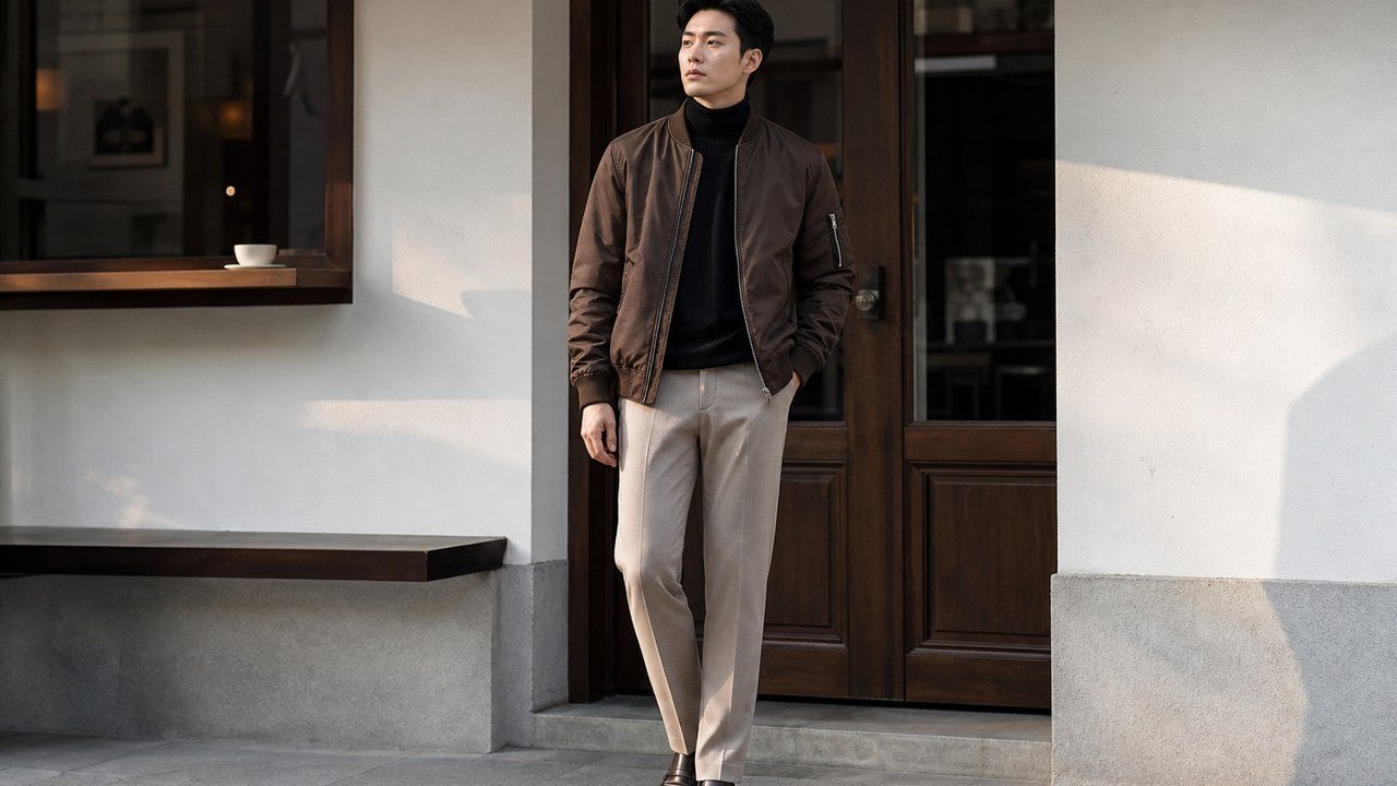 Áo bomber nam phối áo len cổ lọ và quần tây