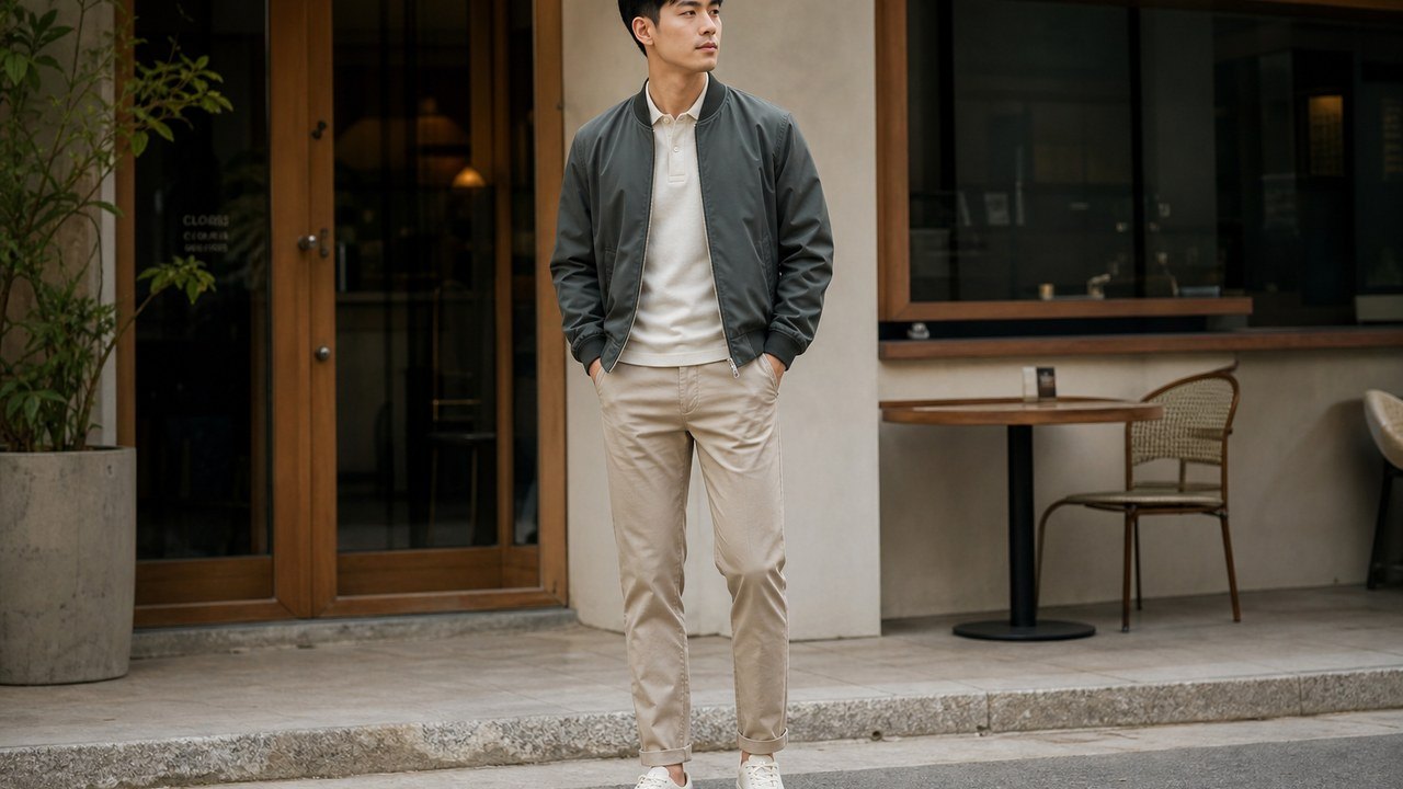 Áo bomber nam phối áo polo và quần chinos