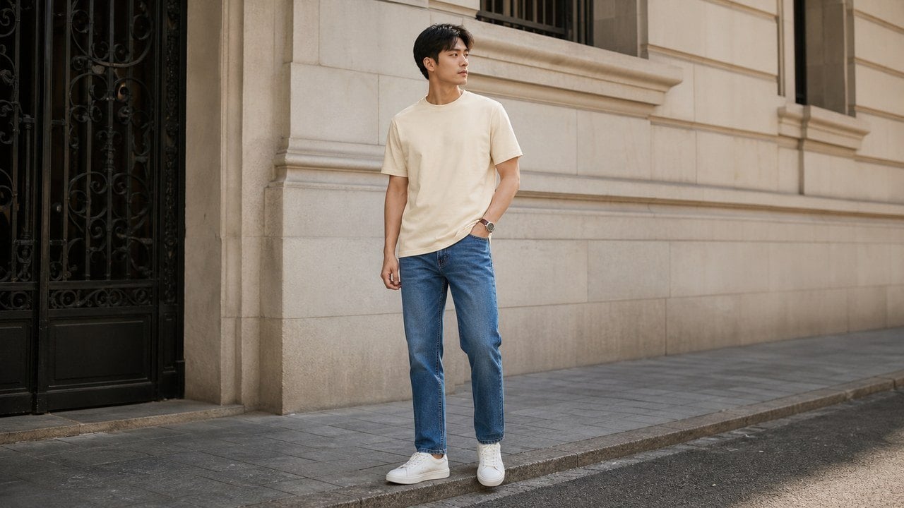 Áo thun kem phối quần denim xanh là công thức cơ bản cho nam