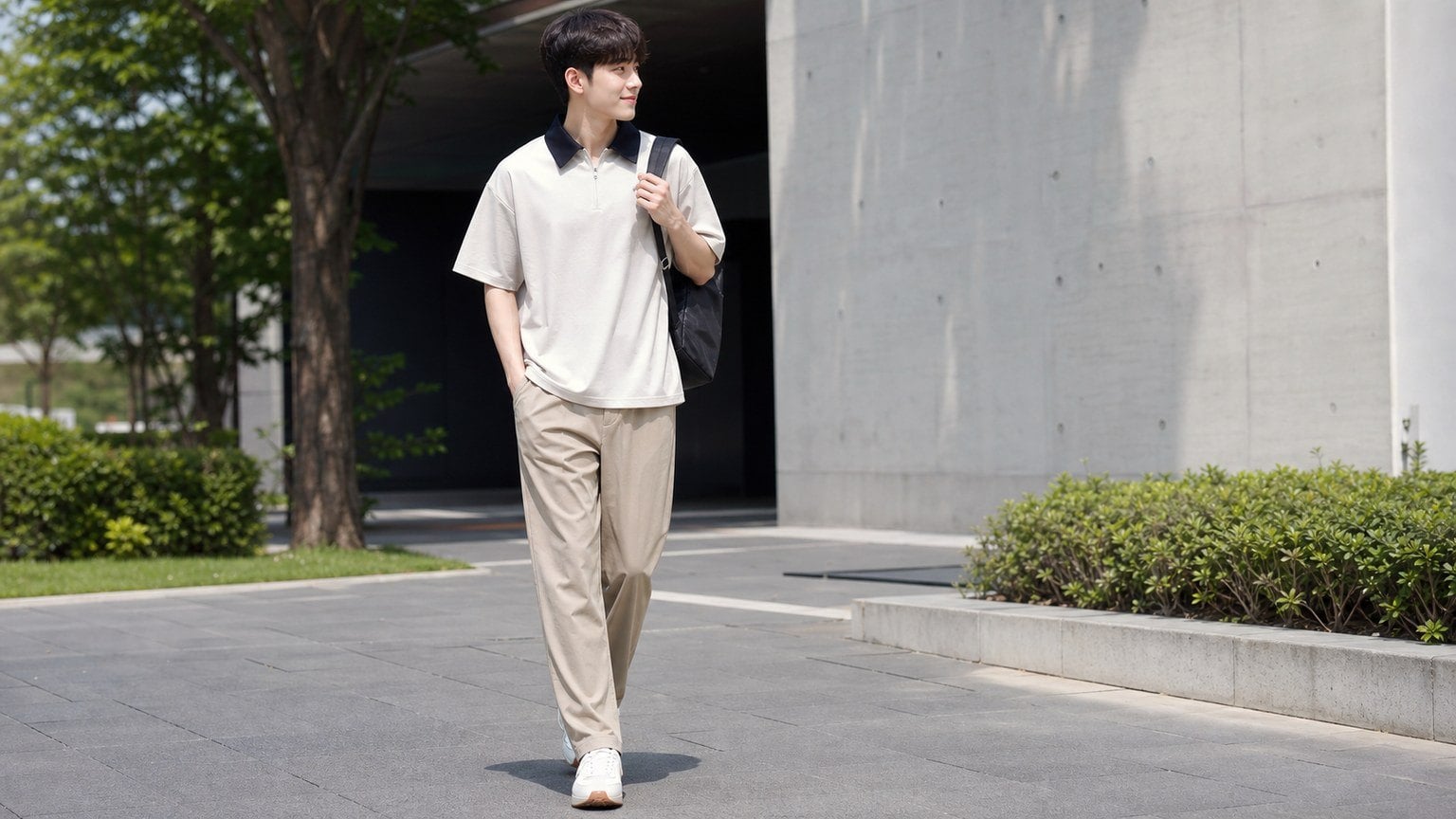 Polo trắng ngà phối quần kaki be cho nam 2000 đi học, đi làm hoặc gặp gỡ cuối tuần