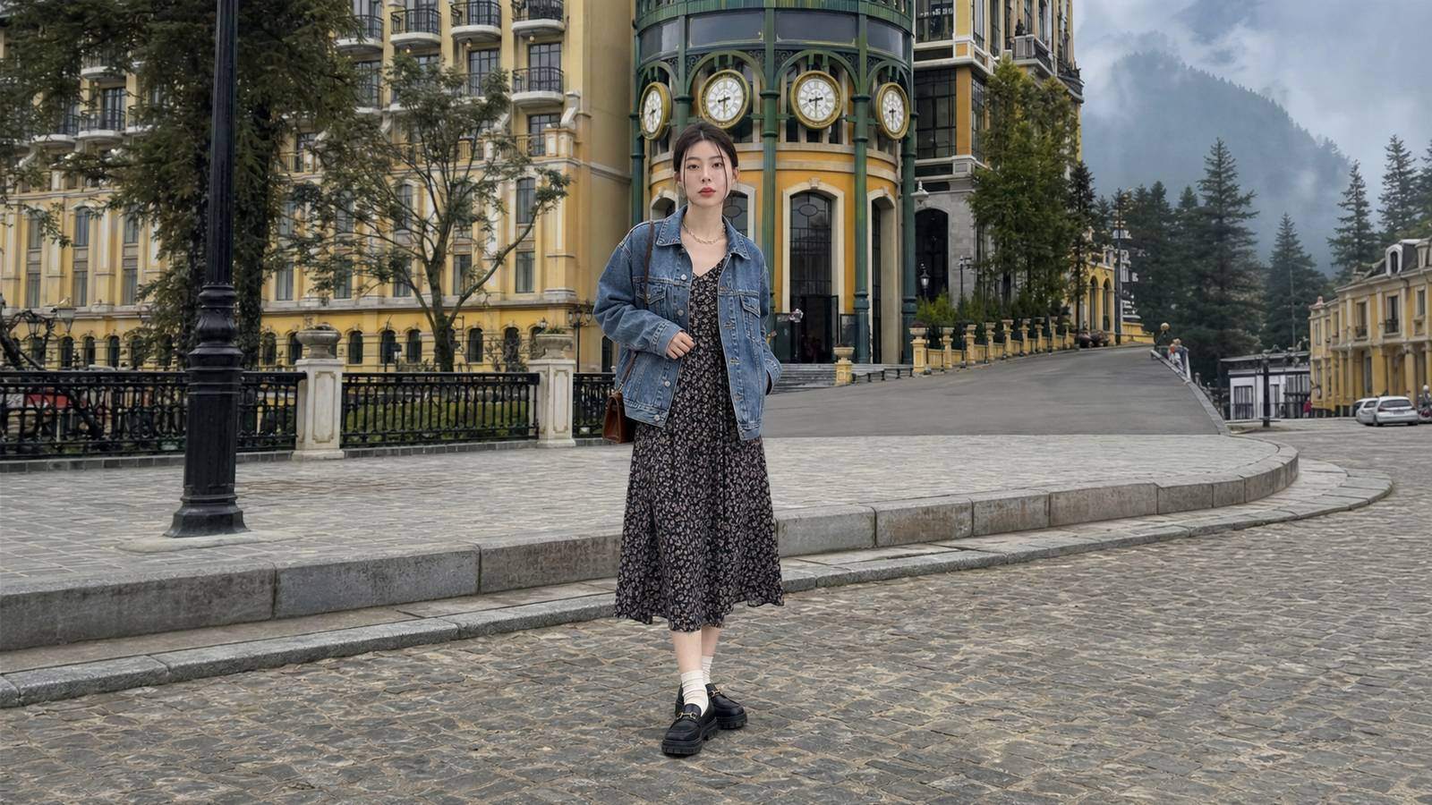 Áo len cổ lọ phối chân váy xếp ly cho outfit cổ điển vừa phải