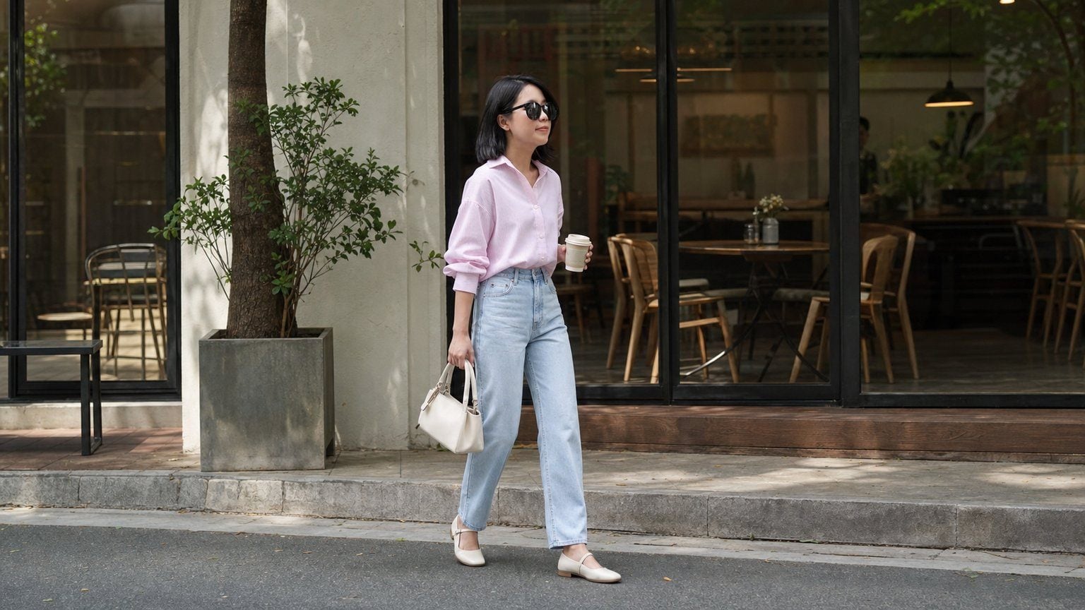Sơ mi pastel, jeans sáng và giày Mary Jane cho vẻ trẻ mà mềm