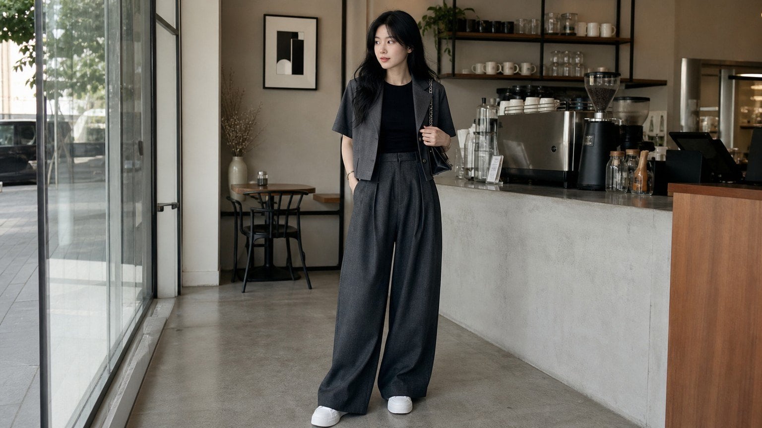 Thân trên gọn, thân dưới có điểm rơi rõ giúp outfit cân hơn