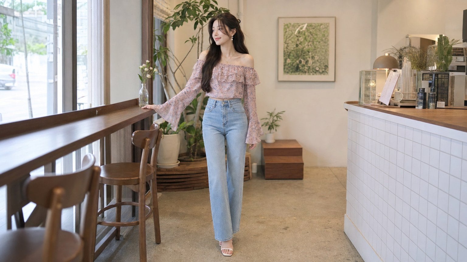Off-shoulder bản gọn phối jeans xanh nhạt cho vẻ nữ tính tiết chế