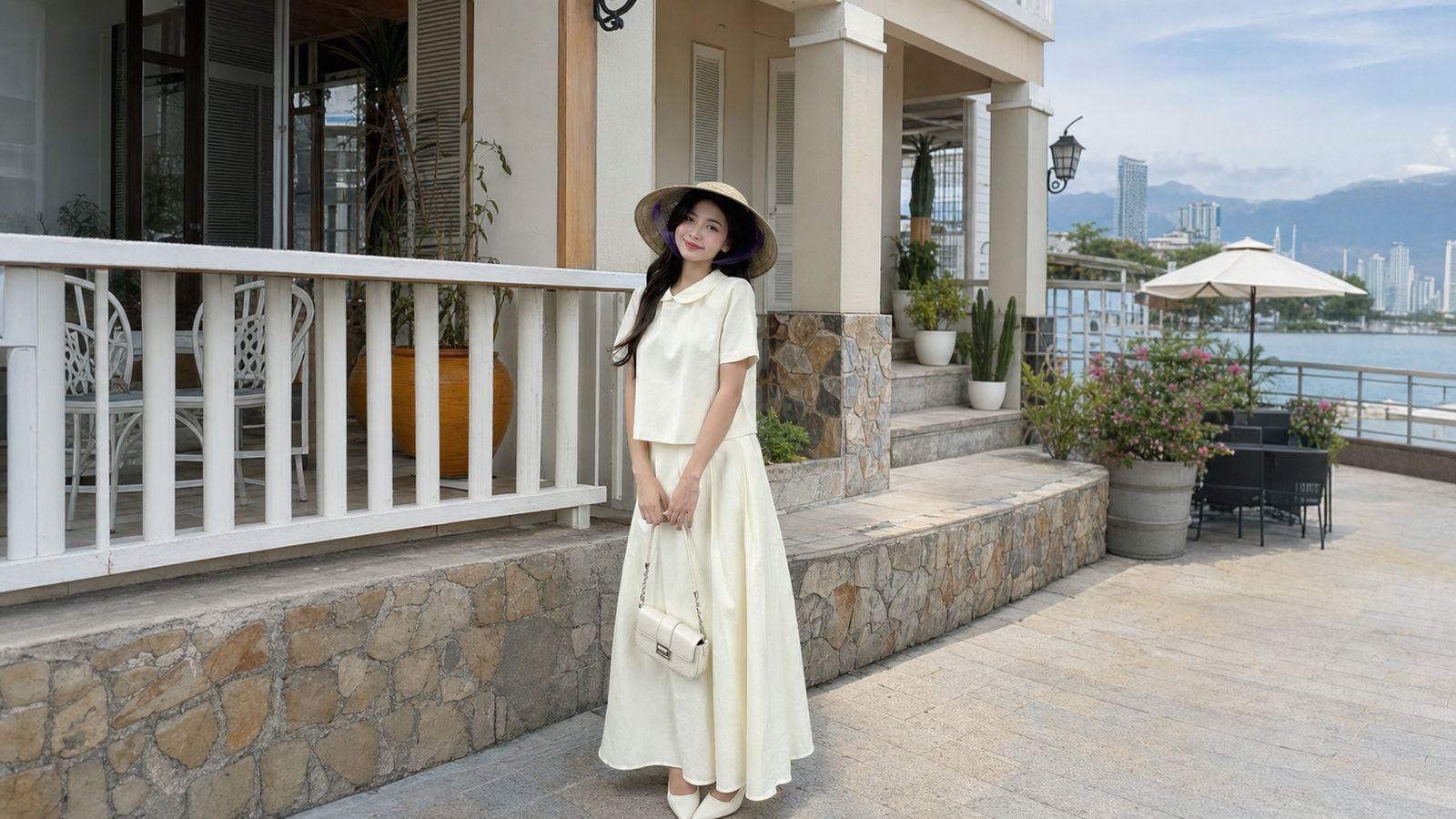 Set linen đồng bộ màu kem, be hoặc pastel hợp bối cảnh Nha Trang