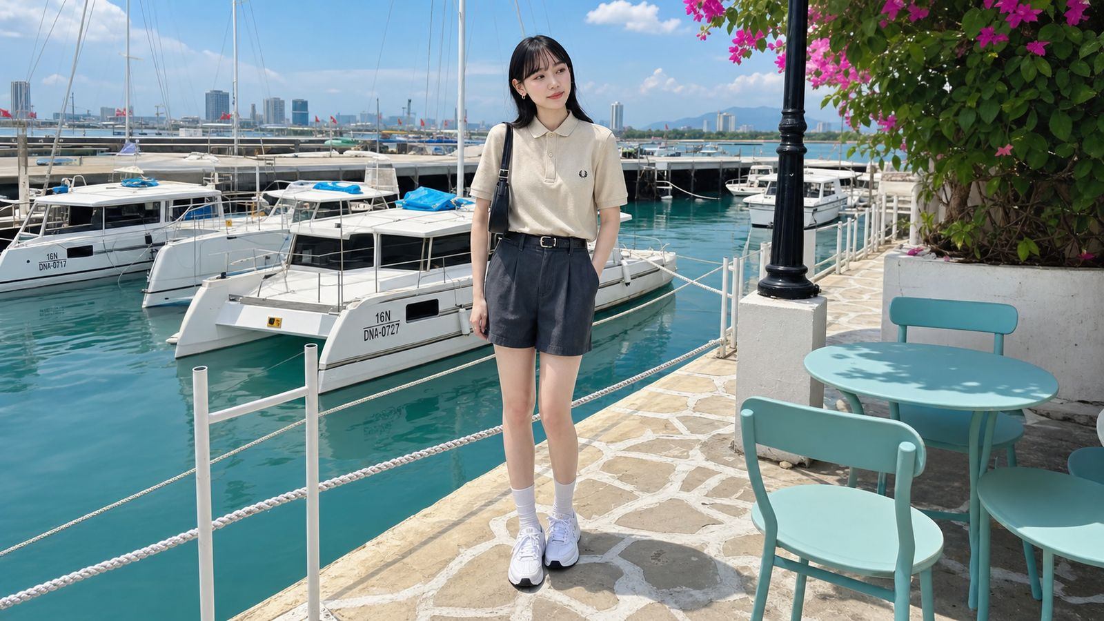 Áo polo phối short hoặc chân váy chữ A cho lịch trình Nha Trang