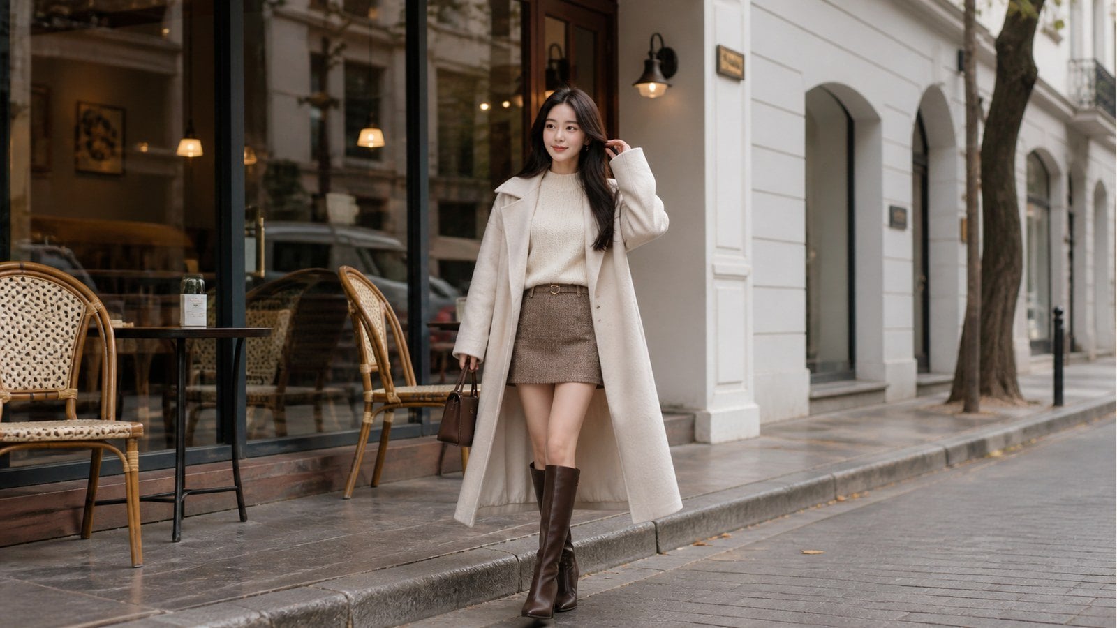 Áo măng tô nữ với chân váy ngắn và boots cao cổ