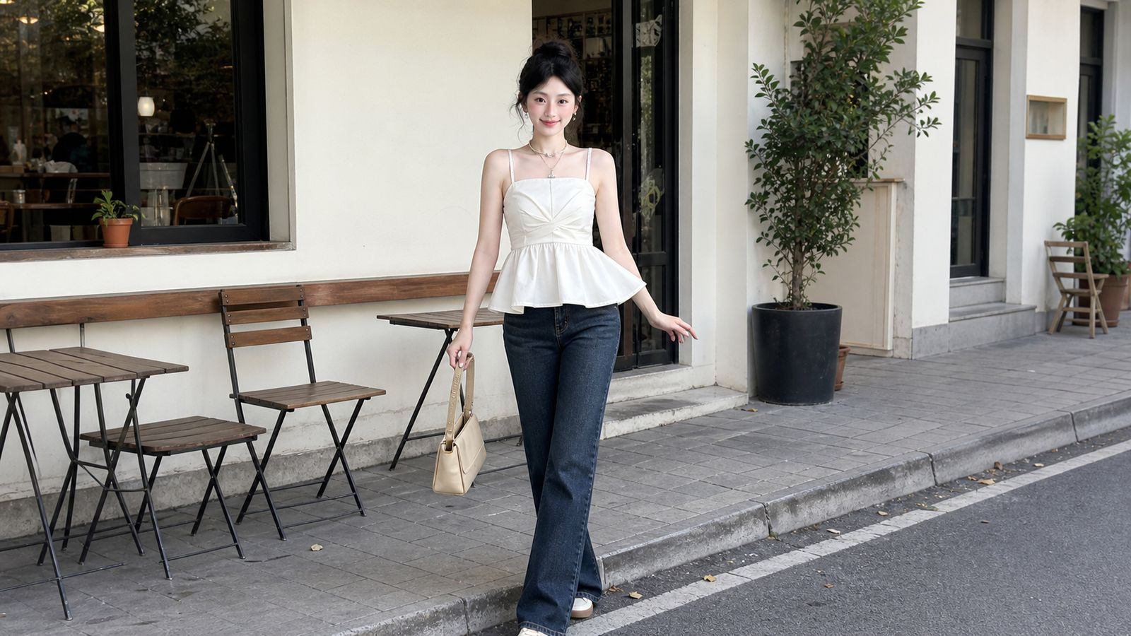 Áo peplum tiết chế và quần jeans tối màu cho người béo bụng