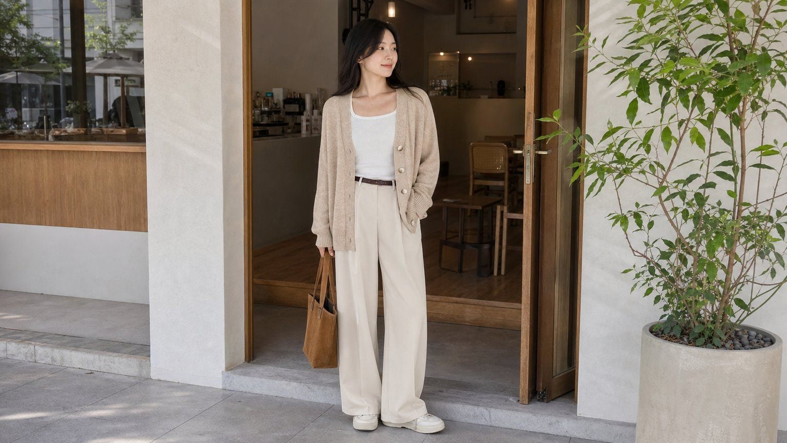 Váy suông, cardigan mỏng và giày bệt cho chuyến đi nhẹ