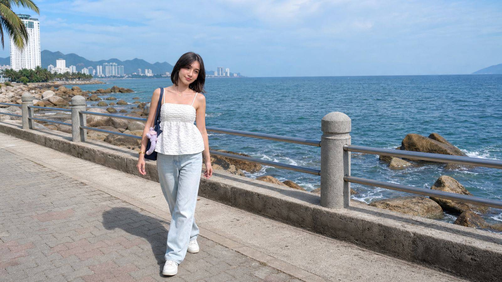 Tank top phối jeans sáng màu và sneaker cho ngày đi bộ ở Nha Trang