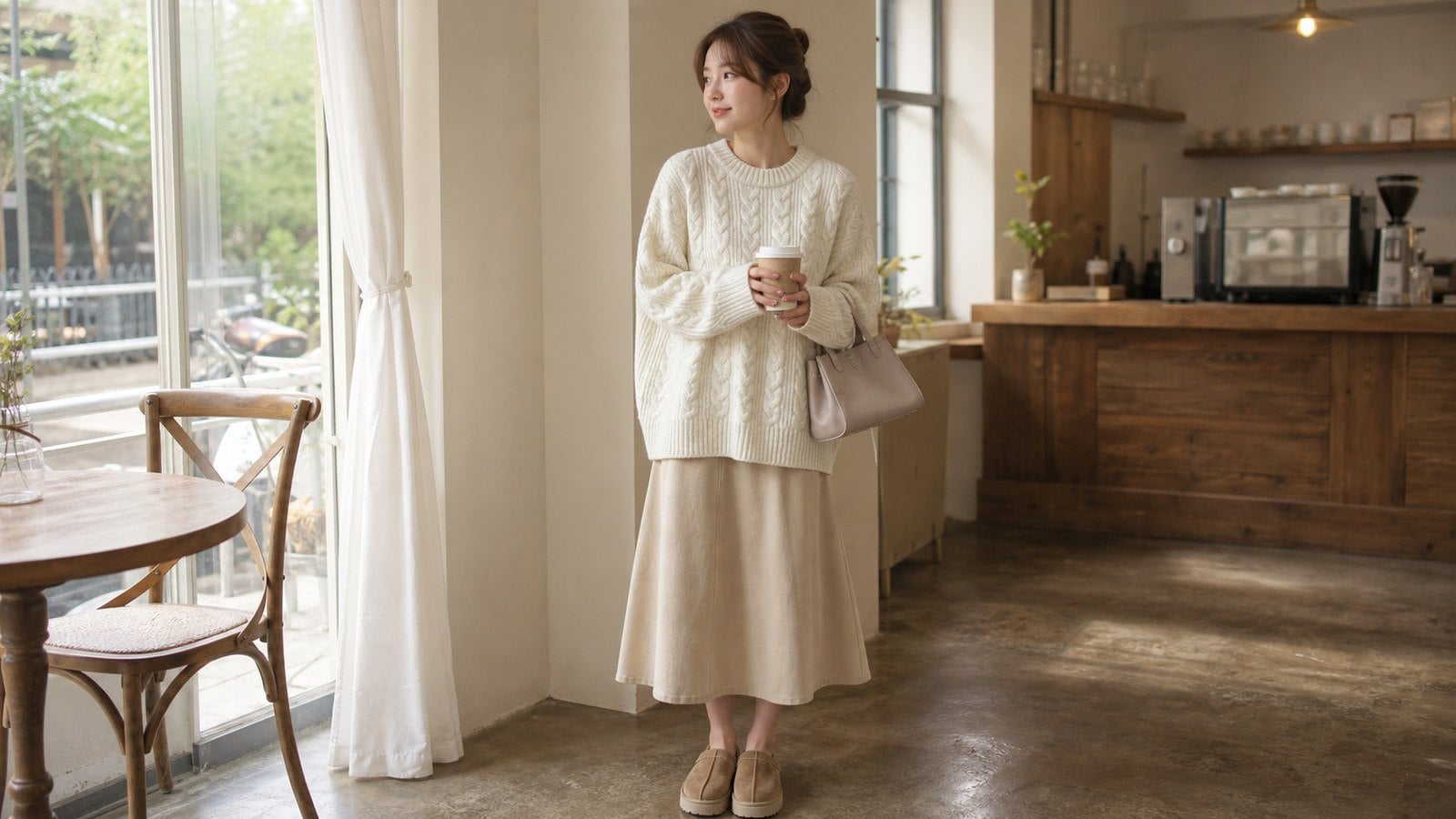 Áo len vặn thừng phối với chân váy midi