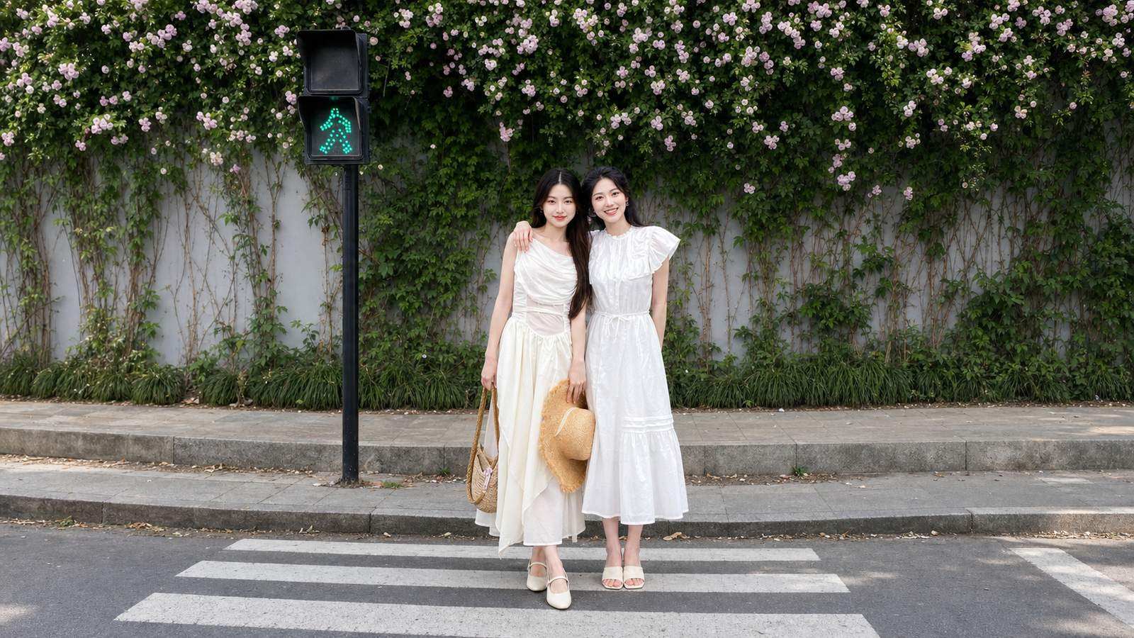 Hai bạn thân khoác vai đứng sát nhau và nhìn thẳng vào camera