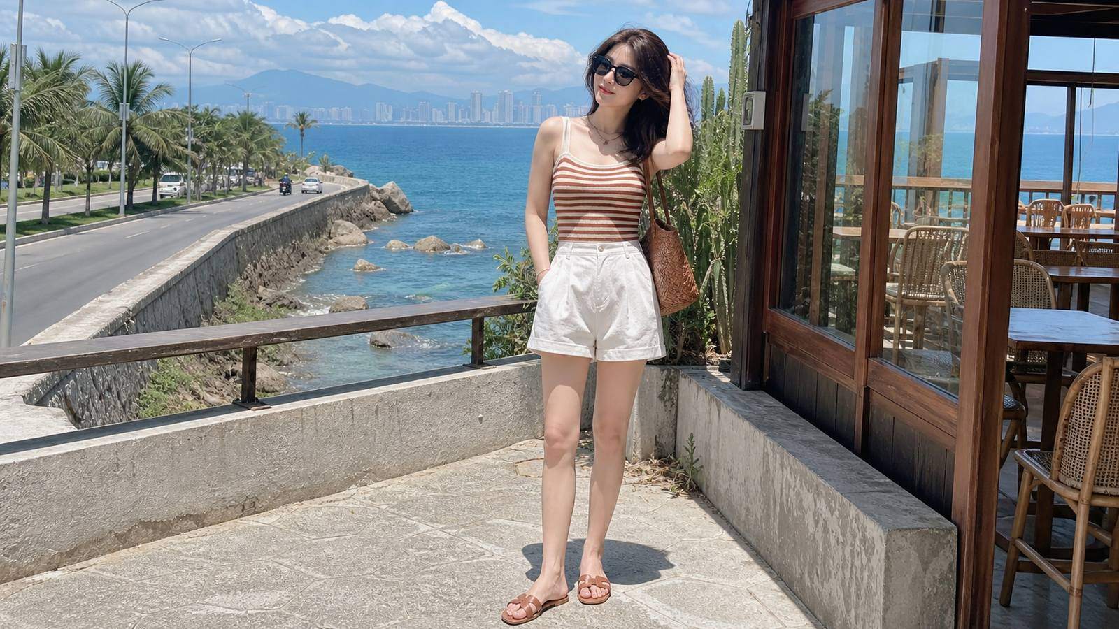Áo hai dây phối short cạp cao và kính mát cho Nha Trang