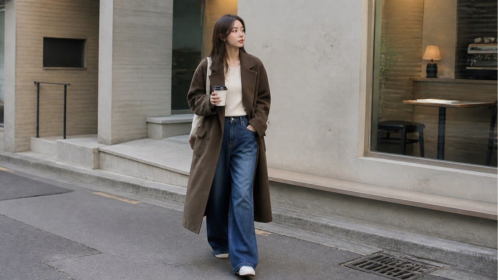 Áo măng tô nữ với quần jeans ống rộng