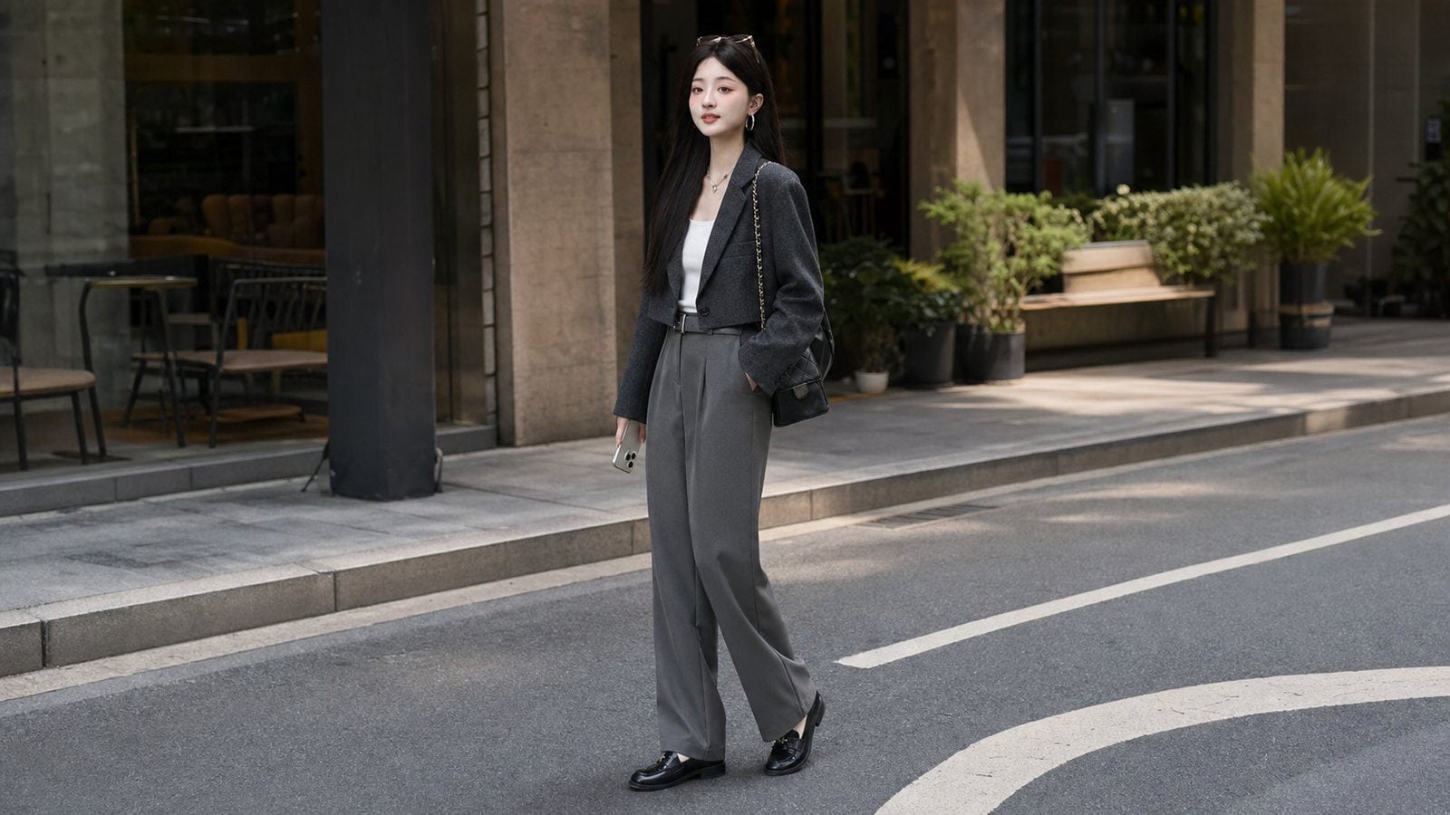 Blazer lửng, áo trong đơn sắc và quần suông cho người béo bụng