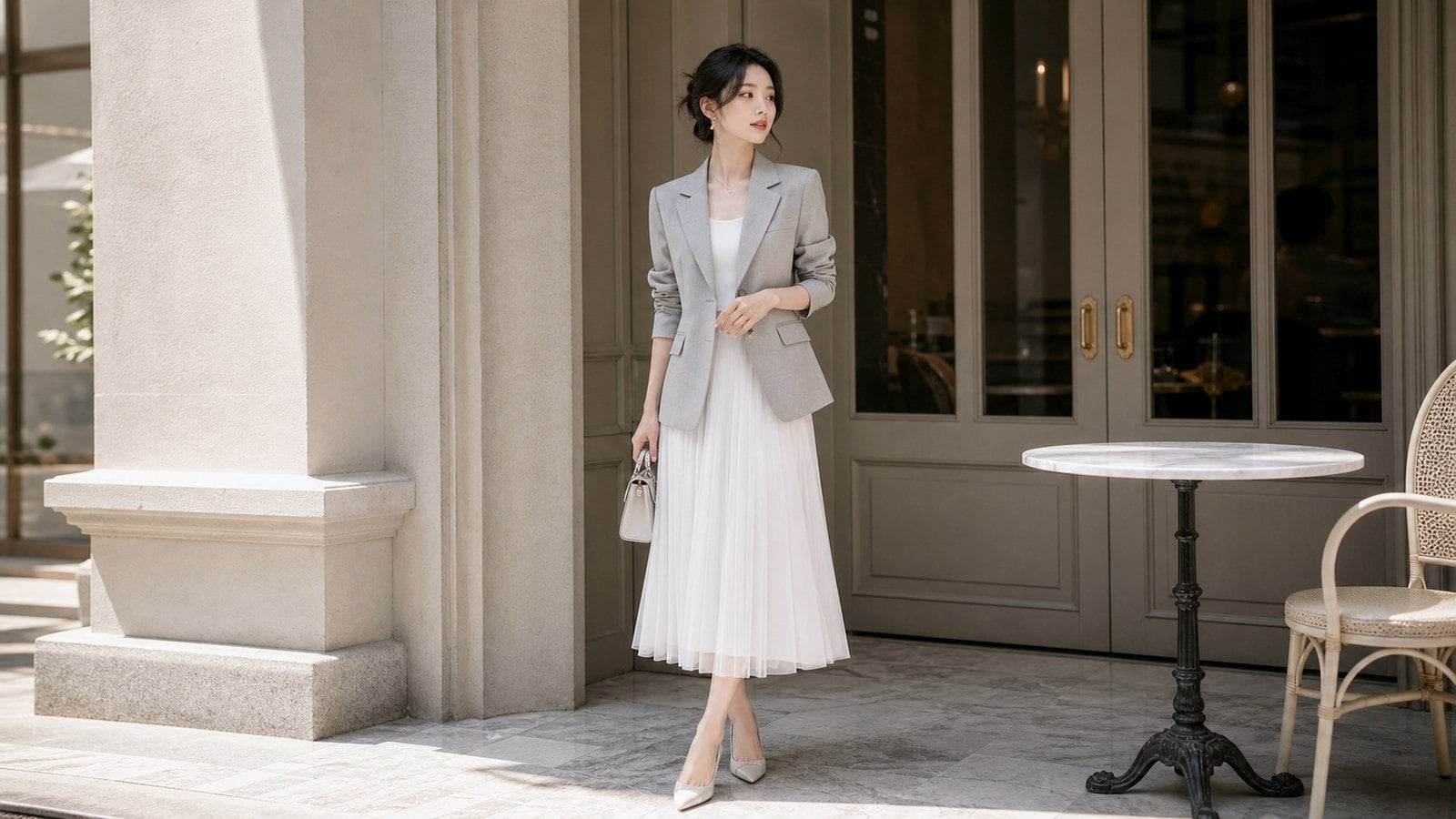 Blazer xám nhạt phối chân váy trắng để outfit thanh hơn