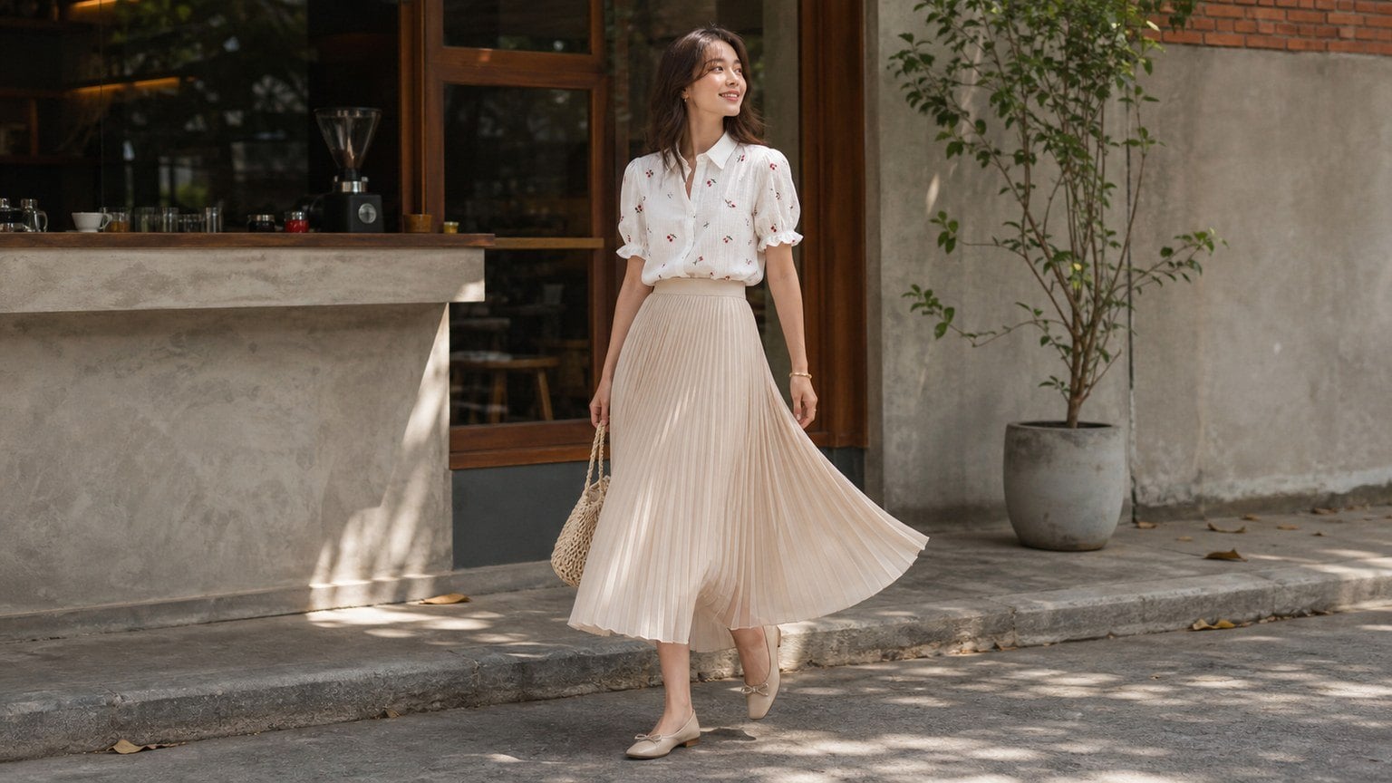 Blouse mềm và chân váy xếp ly tạo độ chuyển động nhẹ nhàng