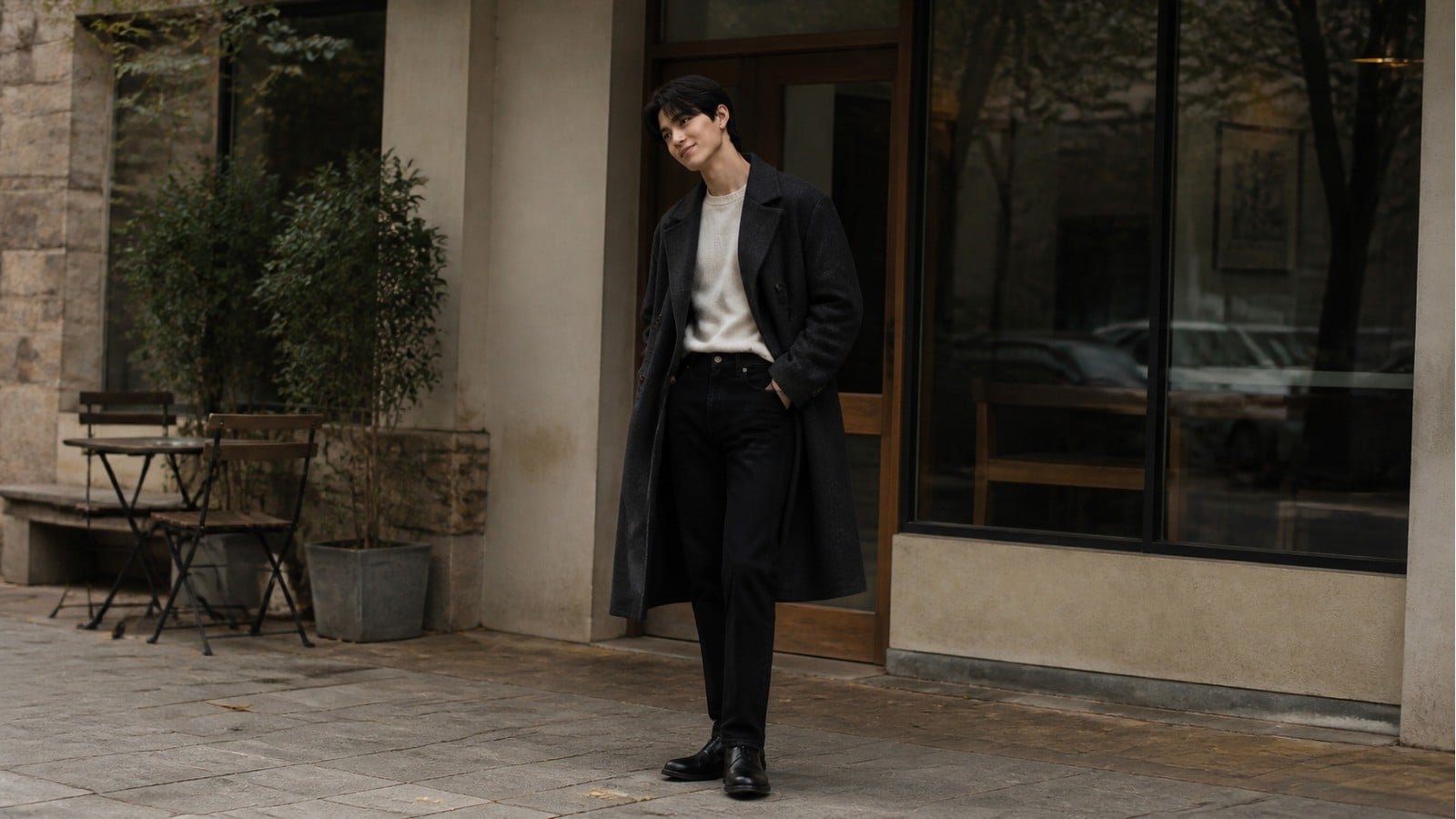 Áo măng tô nam với jeans đen