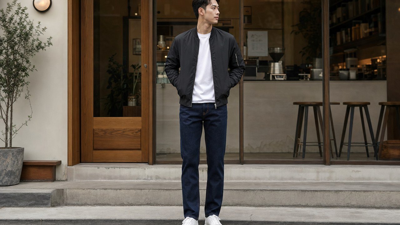 Áo bomber nam phối áo thun trơn và quần jeans