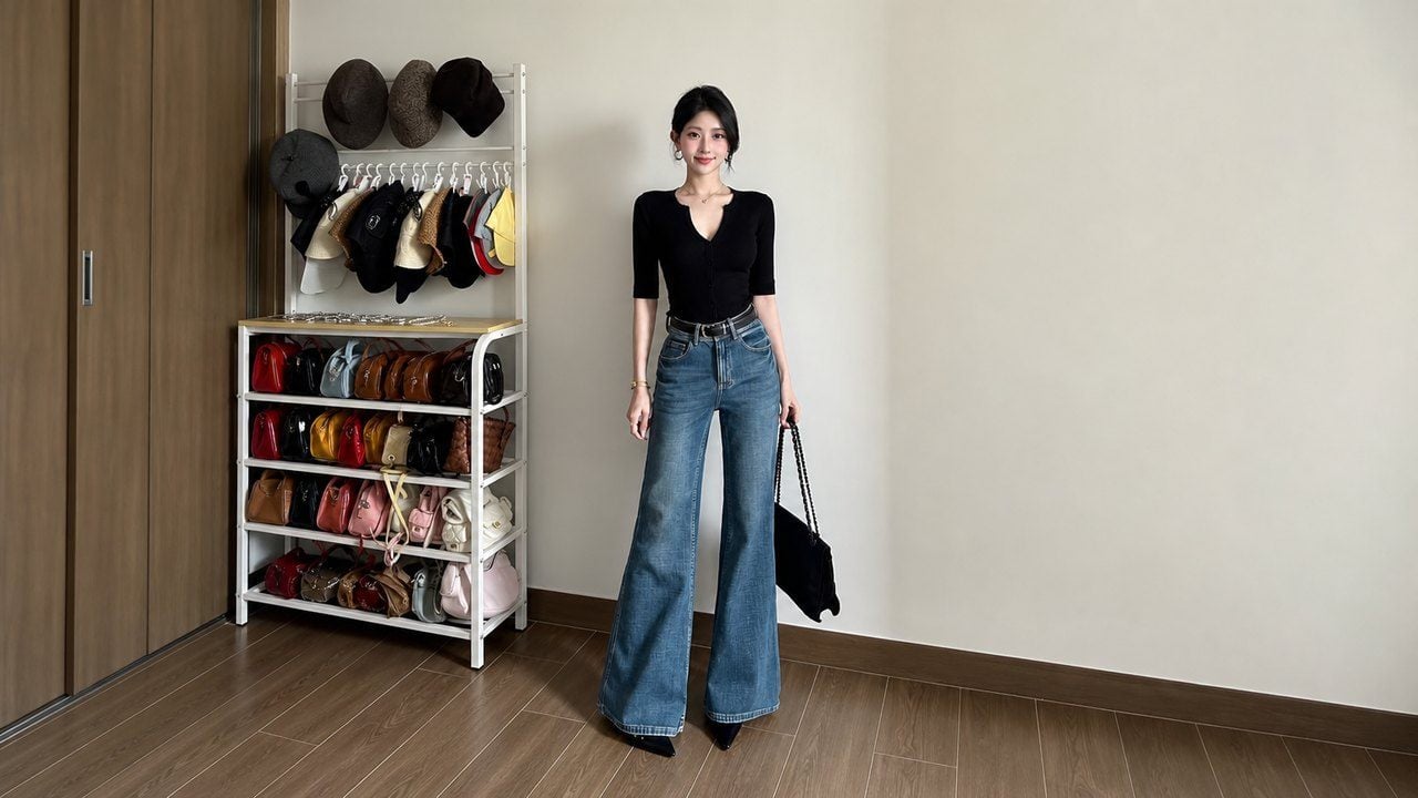 Quần ống loe nữ phối áo thun ôm gọn giúp tôn dáng và kéo dài chân