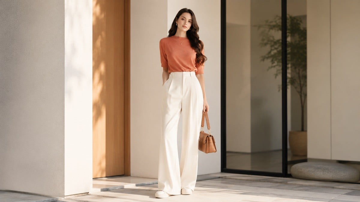 Cam đất phối ivory giúp outfit mệnh Thổ sáng hơn mà không bị nặng