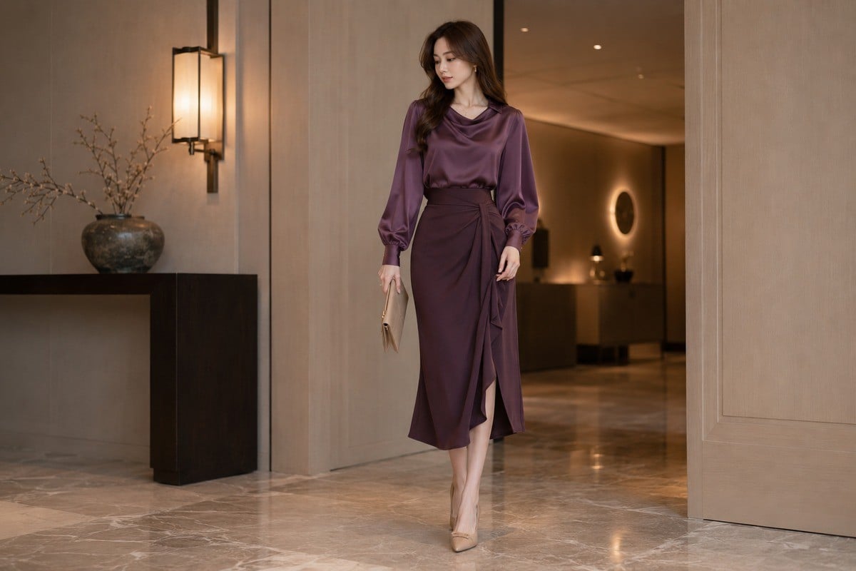 Tím mận phối nude ấm tạo cảm giác trau chuốt mà vẫn mềm