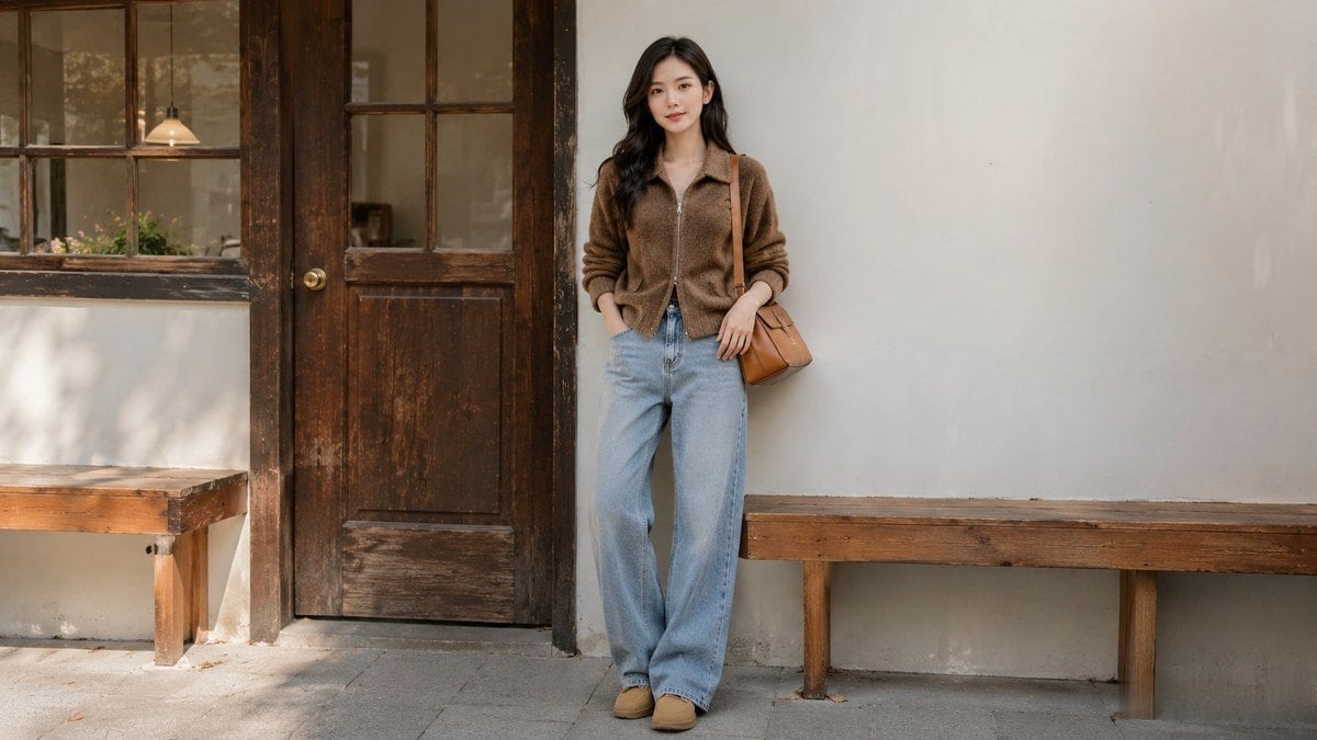 Nâu đất phối denim nhạt giúp phong thủy vừa đủ, không quá nặng