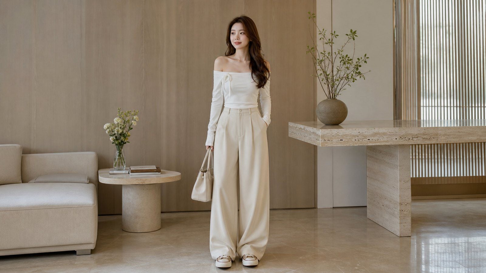 Áo trễ vai phối ton sur ton tối giản với các màu sạch như trắng, kem, be và denim nhạt