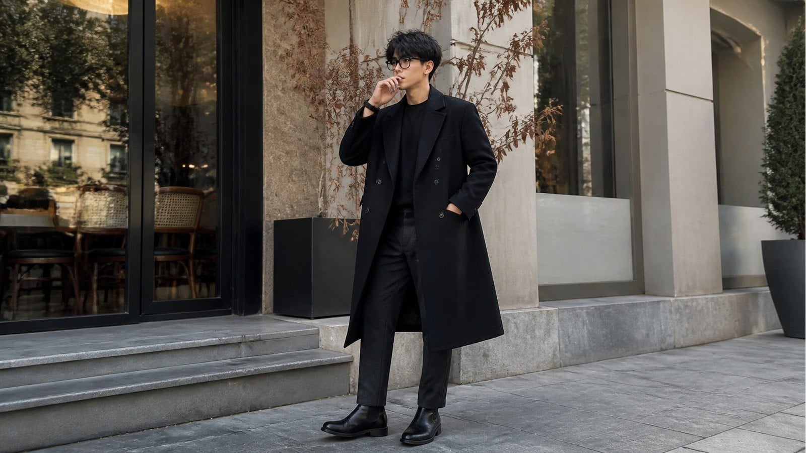 Áo măng tô nam với boots da