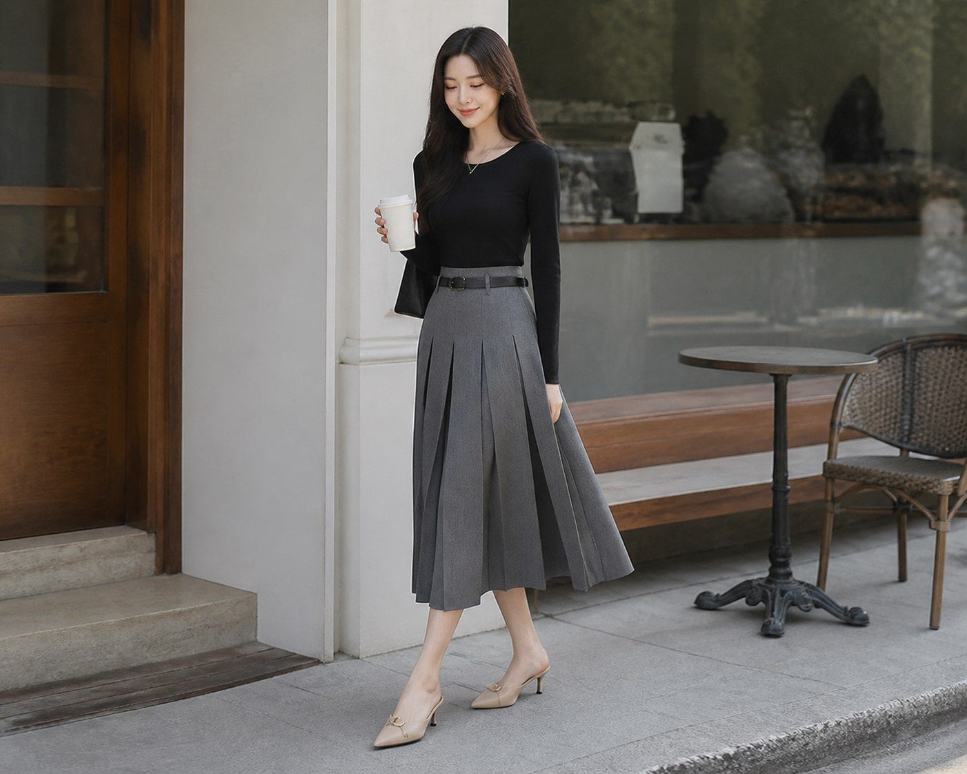 Giày sục phối chân váy hoặc đầm midi nữ tính và dễ mặc