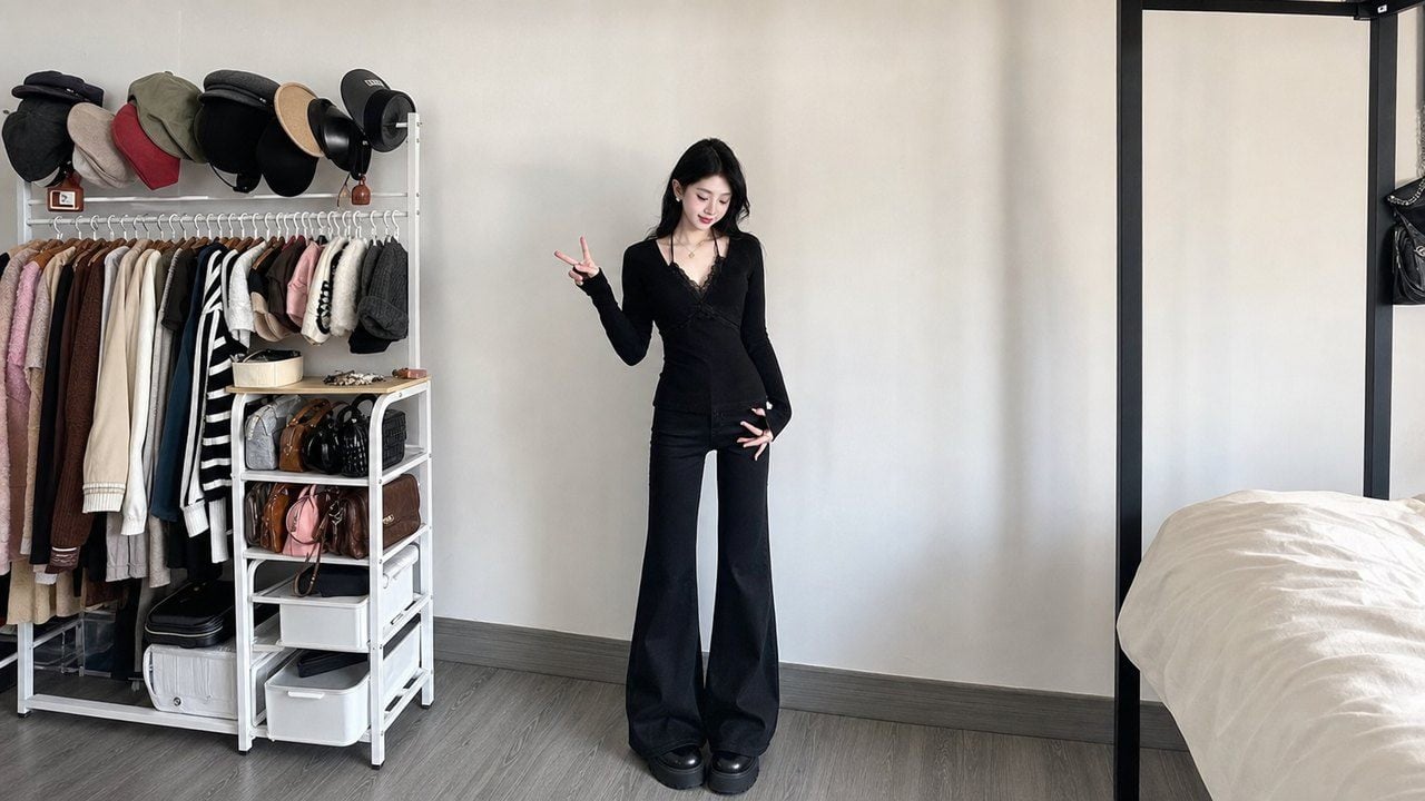Phối quần ống loe theo set đồng màu giúp tổng thể cao và gọn hơn