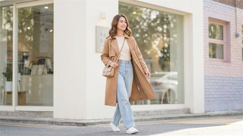 Cô gái mặc quần jeans ống suông phối áo len mỏng/cardigan nữ tính, nhẹ nhàng, lý tưởng cho ngày se lạnh, tạo cảm giác gần gũi và ấm áp.