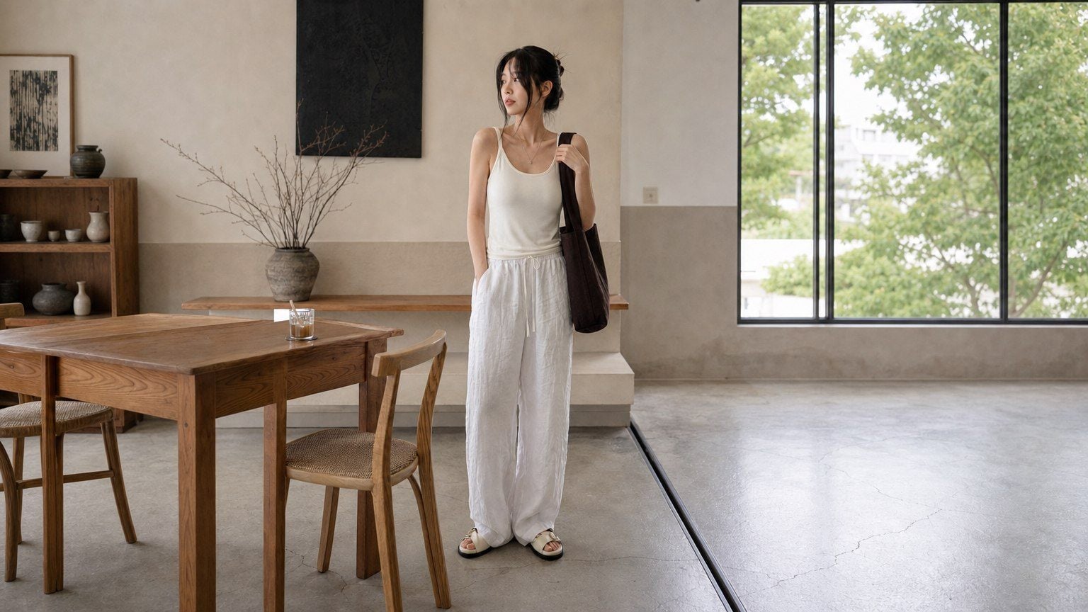 Tank top, quần linen và túi cói hoặc tote mềm rất hợp mùa nóng