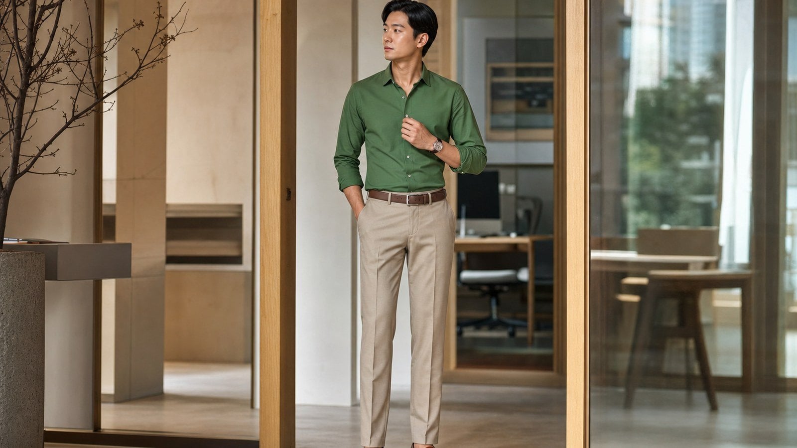Sơ mi xanh lá trầm phối quần xám be cho công sở