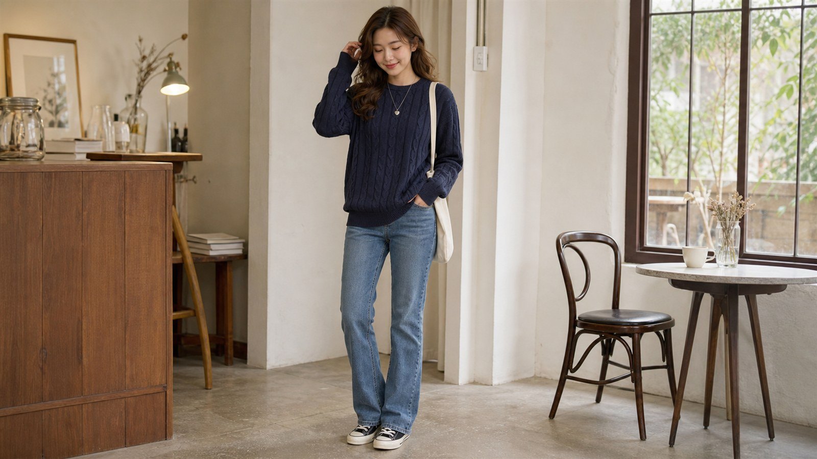 Áo len vặn thừng phối với quần jeans ống đứng
