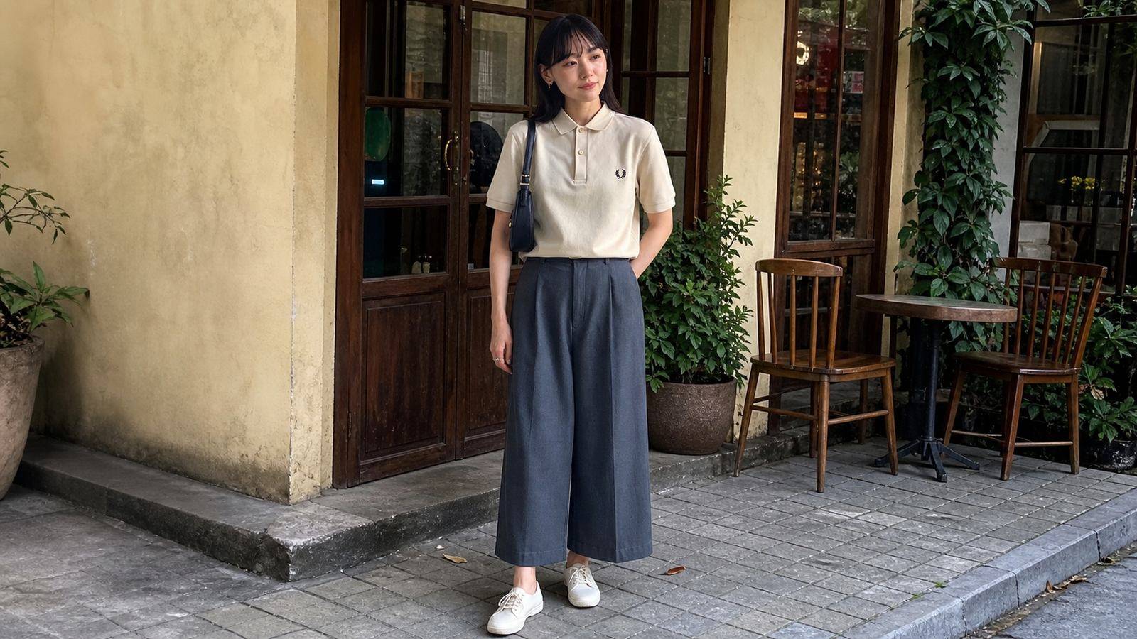 Áo polo dáng vừa và culottes cho người béo bụng