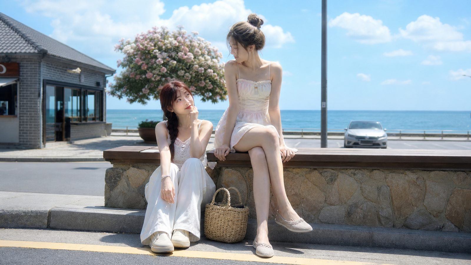 Hai bạn thân ngồi lệch cao thấp để ảnh có lớp và có chiều sâu
