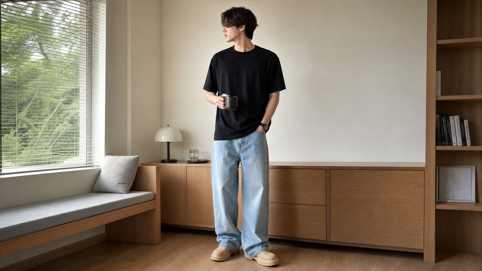 Áo thun đen phối denim xanh nhạt cho nam 2003 thích set đồ đơn giản