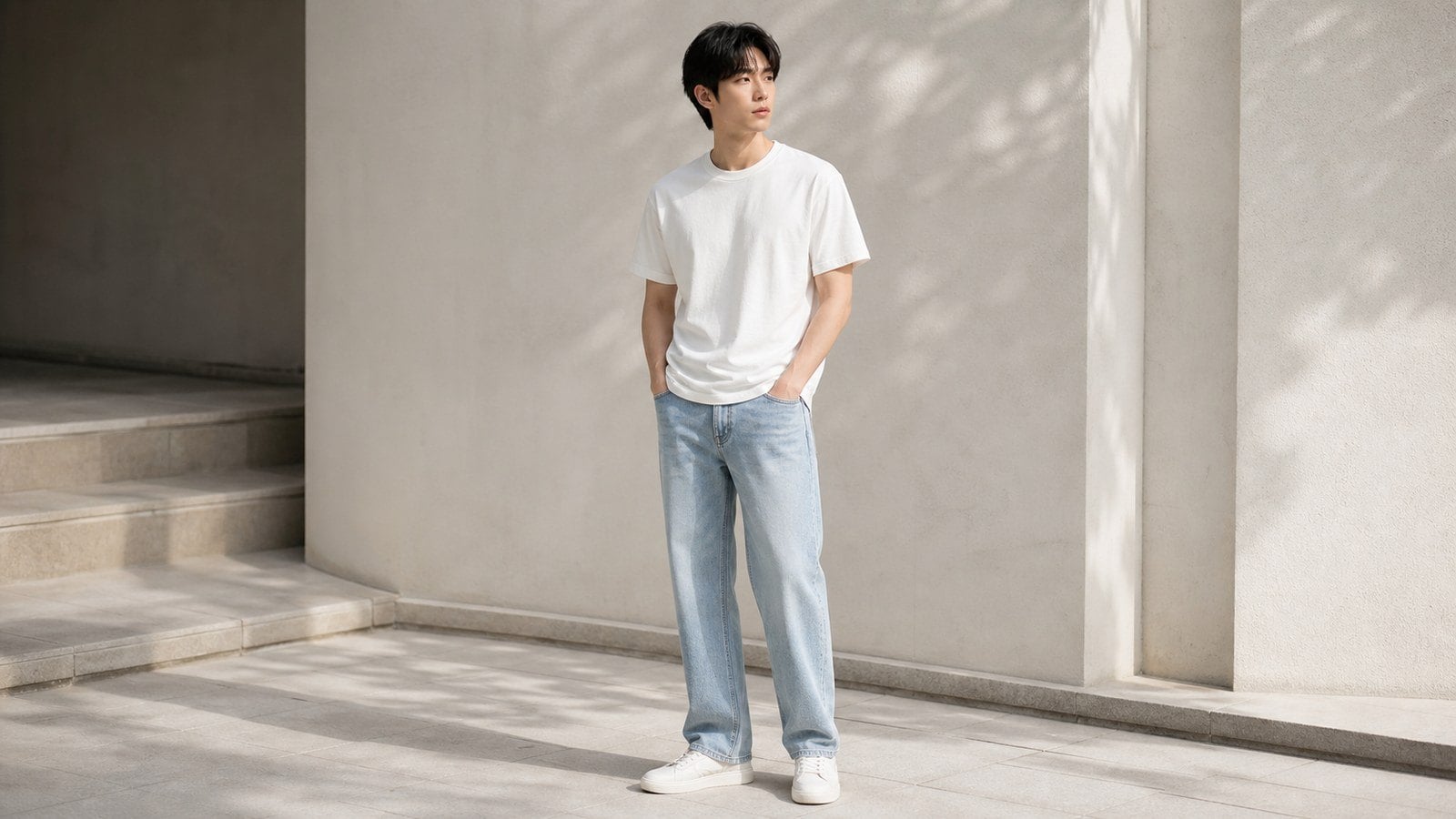 Áo thun trắng phối denim xanh nhạt khi muốn mặc đơn giản