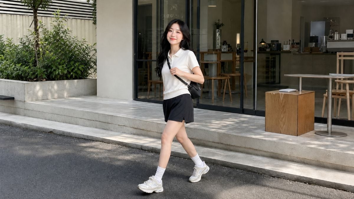 Áo polo, chân váy tennis dài vừa và giày thể thao cho set sporty trẻ trung
