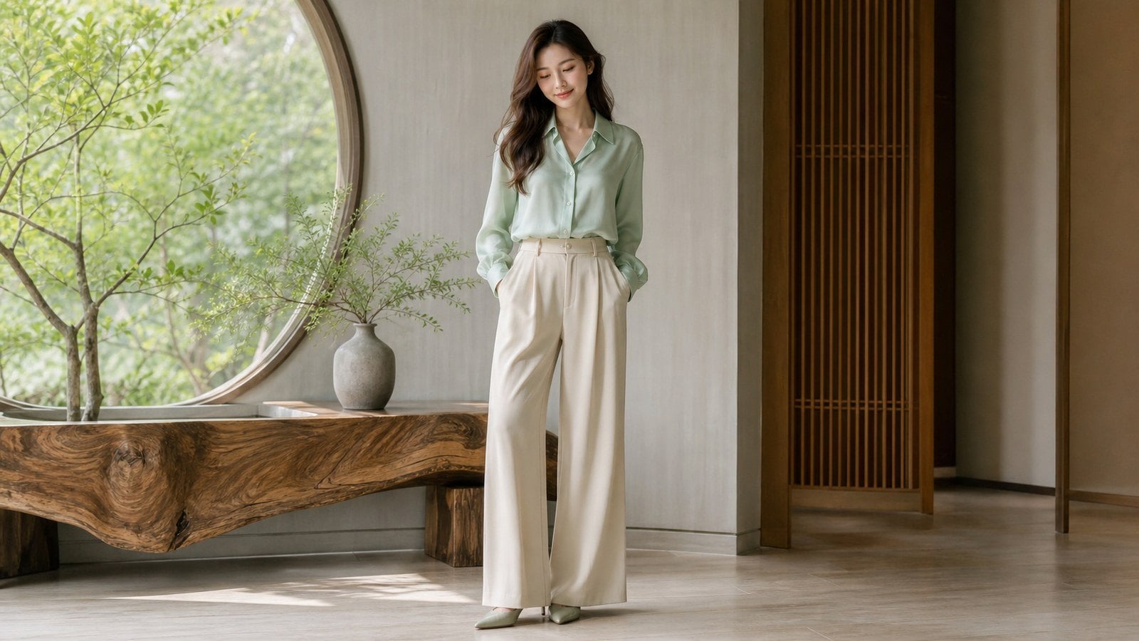 Xanh pastel phối be lạnh giúp outfit mệnh Mộc nhẹ và thoáng hơn