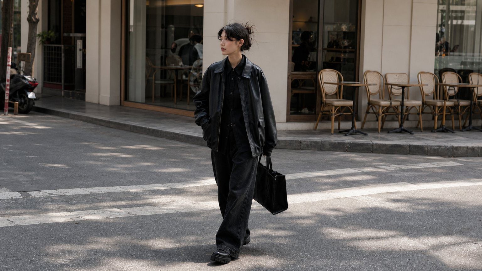 All black với một điểm nhấn bạc hoặc đỏ trầm để outfit sắc hơn