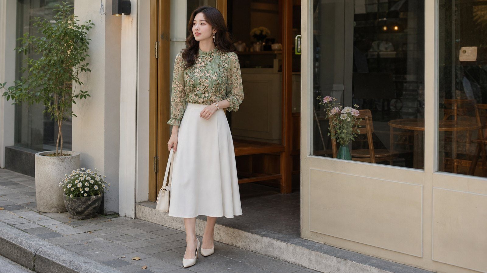 Blouse nhẹ và chân váy chữ A cho người béo bụng